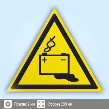 Знак W20 «Осторожно! аккумуляторные батареи» (пластик, сторона 200 мм)